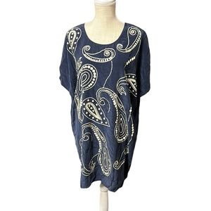 Trina Turk Short Sleeve Mini Dress Caftan Silk Tunic Blouse Blue White Womens L